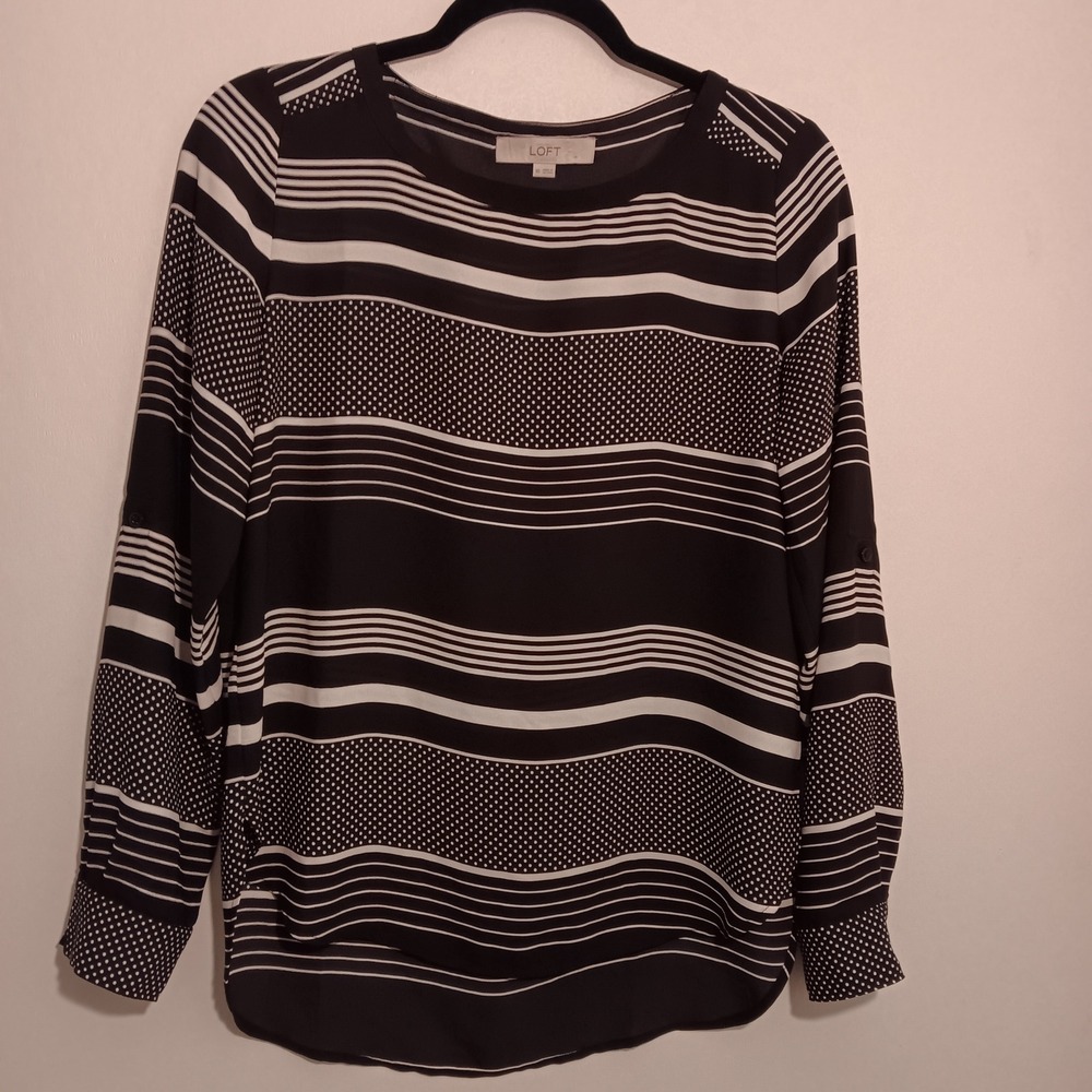 LOFT Blouse XS Black White Striped Polka Dot‎ Long Sleeve Career Casual Top